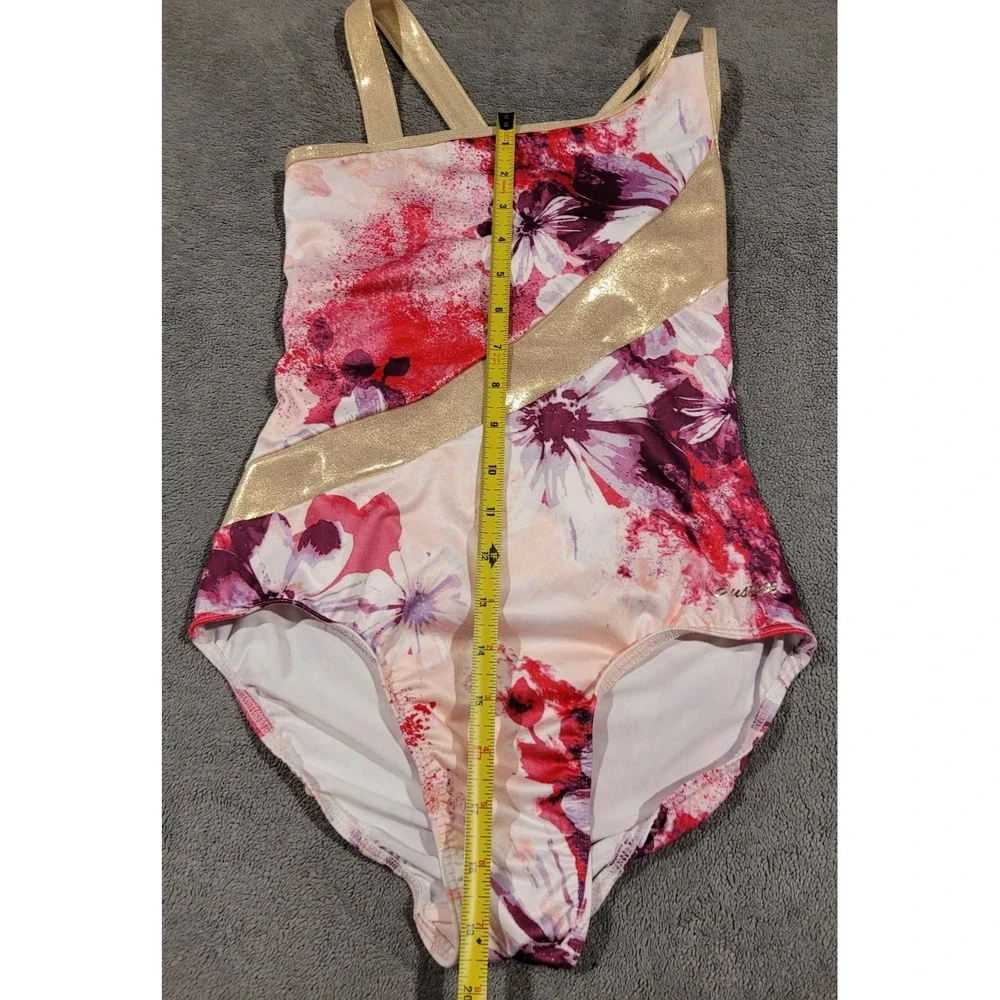 New Justice 1 Shoulder Leotard&Matching Scrunchie Gymnastic/Dance Floral GoldXL
